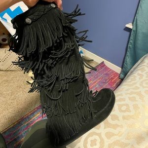 Minnetonka black fringe knee high zip up boots